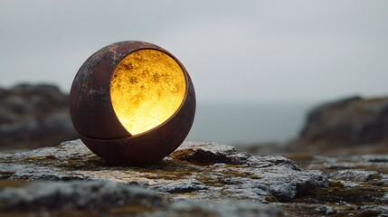 Striking depiction of a weathered futuristic sphere with a rusty exterior emitting a radiant yellow glow over a harsh, rocky plateau and desolate terrain, filled with enigmatic energy