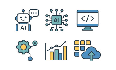 Ai tools icon set: chatbot, neural network, and code editor for automation and analytics