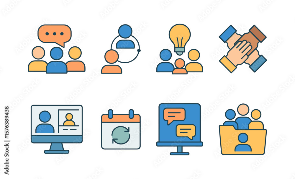 Poster teamwork icons set highlighting collaboration and communication concepts for remote work
