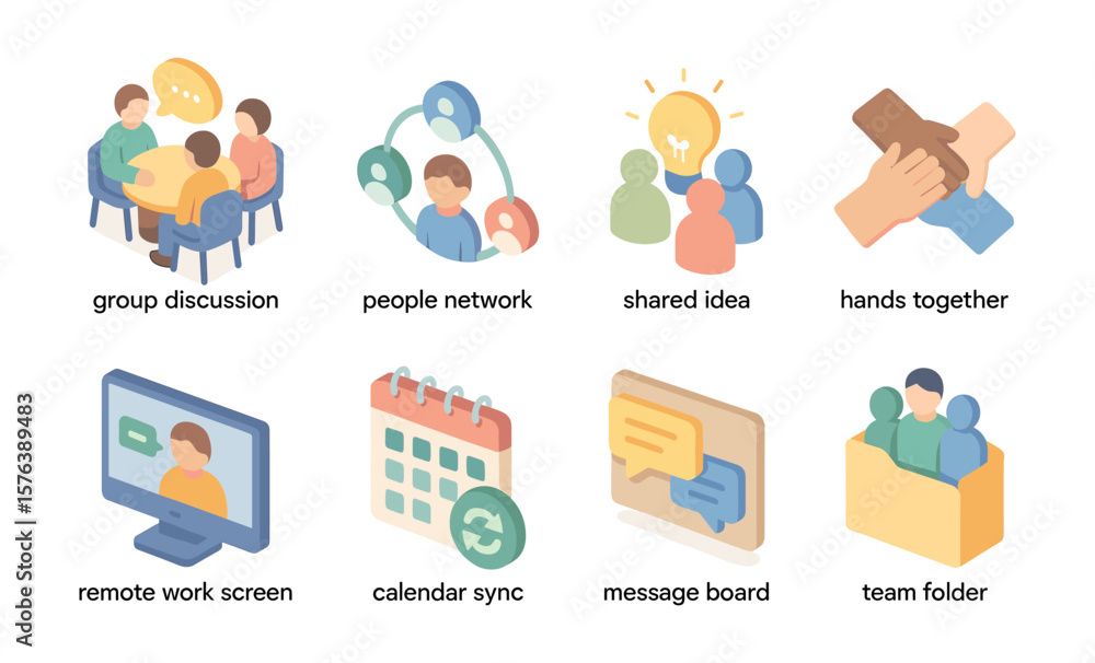 Poster isometric teamwork icons: collaboration and communication concepts for digital and print design