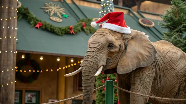 Decorated elephant with a Santa hat standing on a holiday float during a Christmas-themed parade or festival event.
