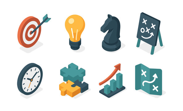 Business strategy icons set featuring target, light bulb, chess knight, and growth chart