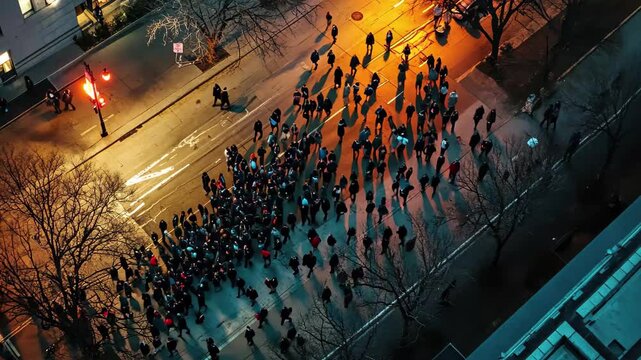 Nighttime aerial view of Womens Day marchers gathering outside courthouse, Night aerial: Women's Day marchers arrive at courthouse on city street