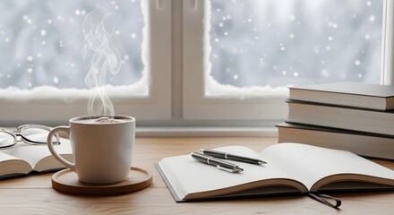 Steaming coffee cup beside open book, pens, and window with snowy scene.