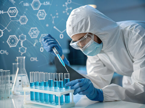 Scientist in hazmat suit working with test tubes and liquid