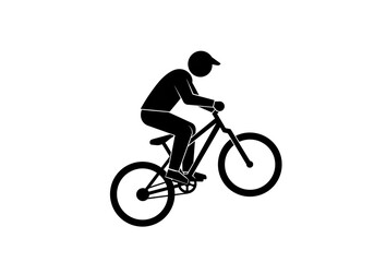 Fototapeta premium Silhouette of a cyclist performing a wheelie on a bicycle against a white background plain image