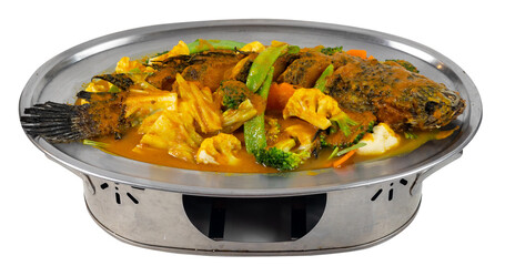 Fried Whole Fish with Thai Mixed Vegetables in Spicy Curry Sauce