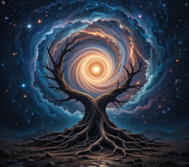 Cosmic tree spirals into infinity, merging with galaxy of stars and vibrant colors