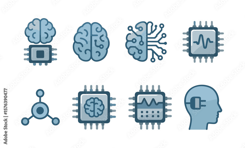 Poster neural brain chip icons set for technology and ai concepts