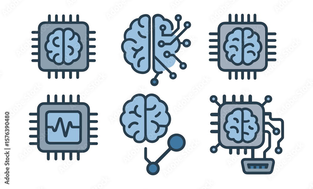 Poster neural brain chip icons for technology and artificial intelligence design projects