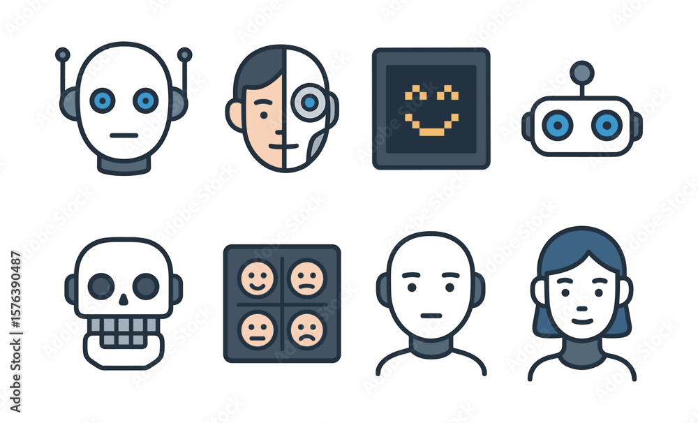 Poster collection of simple robotic and human face icons for interface design