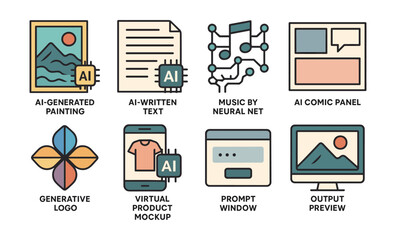 Creative ai icon set featuring ai-generated painting, text, and music