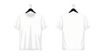 Fototapeta premium Blank White T-Shirt Mockup: Front and back view of a plain white t-shirt hanging on a black hanger, perfect for design presentations and apparel showcases. 