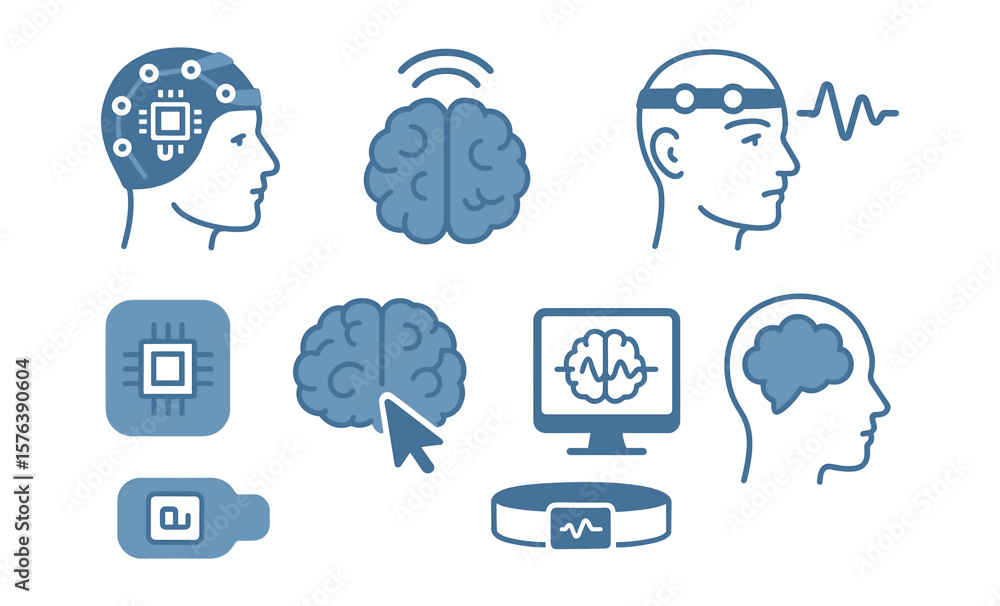 Poster brain machine interface icons set for technology and innovation concepts