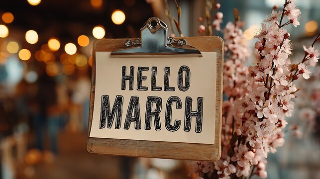 Hello march message on a clipboard with delicate pink cherry blossoms and bokeh lights in the background