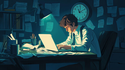 A person in business attire working late at a desk cluttered with papers, coffee cups, and a laptop. The glow from the desk lamp highlights their focused expression. The room has visible shadows from