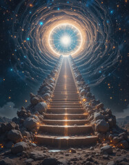 Mesmerizing infinity staircase leads to glowing galaxy, evoking cosmic wonder and mystery