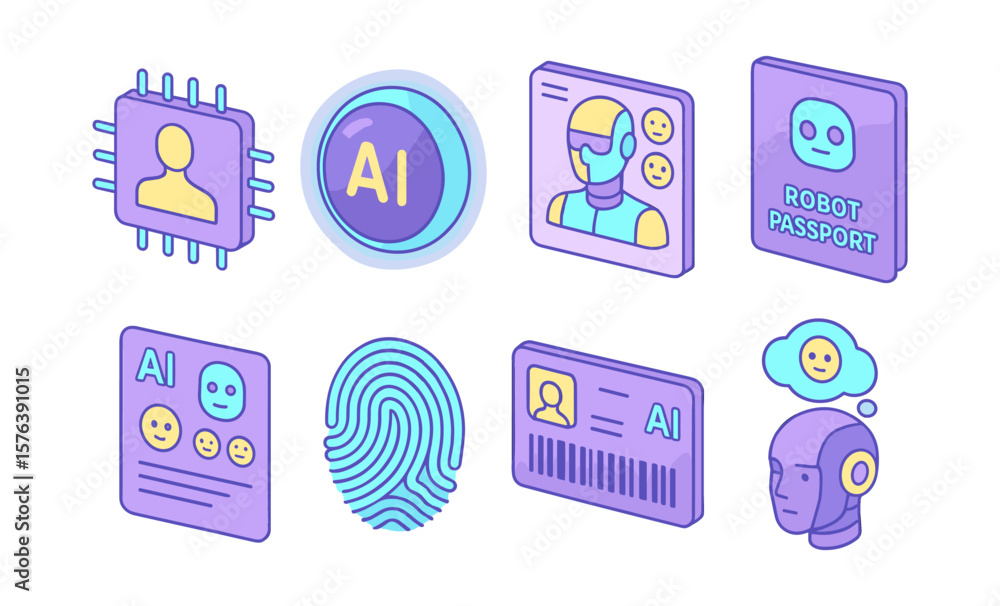 Poster futuristic identity and ai concepts featuring robot and digital icons for innovative design