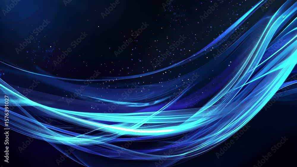 Poster digital data transfer background with elegant blue waves and glowing particles, digital data transfe