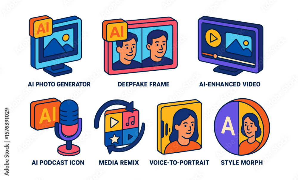 Poster generative ai media icons featuring ai photo generator and podcast design