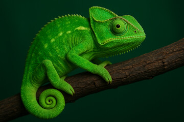Fototapeta premium Vibrant green chameleon with coiled tail perched on a textured branch