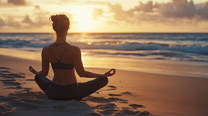 A fit young woman with a natural, slightly sweaty glow practicing yoga on a sandy beach at sunrise. Gentle waves touch the shore, and her hair moves slightly in the morning breeze. The sun casts soft