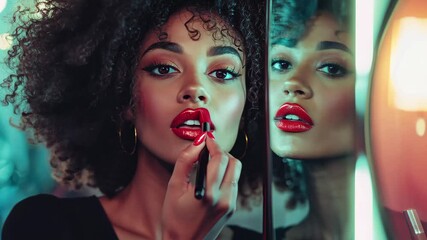 Beautiful transsexual woman with curly hair applies makeup in stylish setting, Beautiful transsexual woman with curly hair applying lipstick in front of the mirror Cinematic - Powered by Adobe