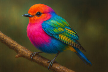 Fototapeta premium Vibrant multi colored bird perched on a branch with a soft green background