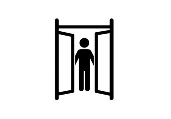 A simple black and white illustration of a person walking through an open doorway or entrance