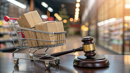 Shopping cart with boxes and gavel symbolizes e commerce regulations and legal aspects