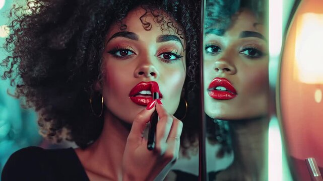 Beautiful transsexual woman with curly hair applies makeup in stylish setting, Beautiful transsexual woman with curly hair applying lipstick in front of the mirror Cinematic