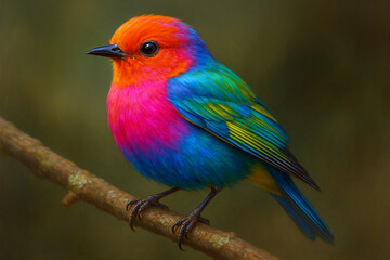 Fototapeta premium Vibrant multicolored bird with orange head and blue green body perched on a branch