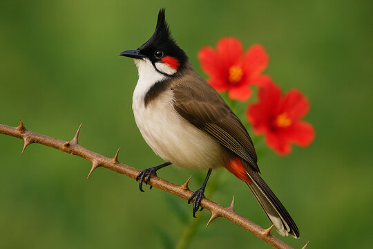 Red whiskered bulbul perched on a thorny branch with red flowers in background