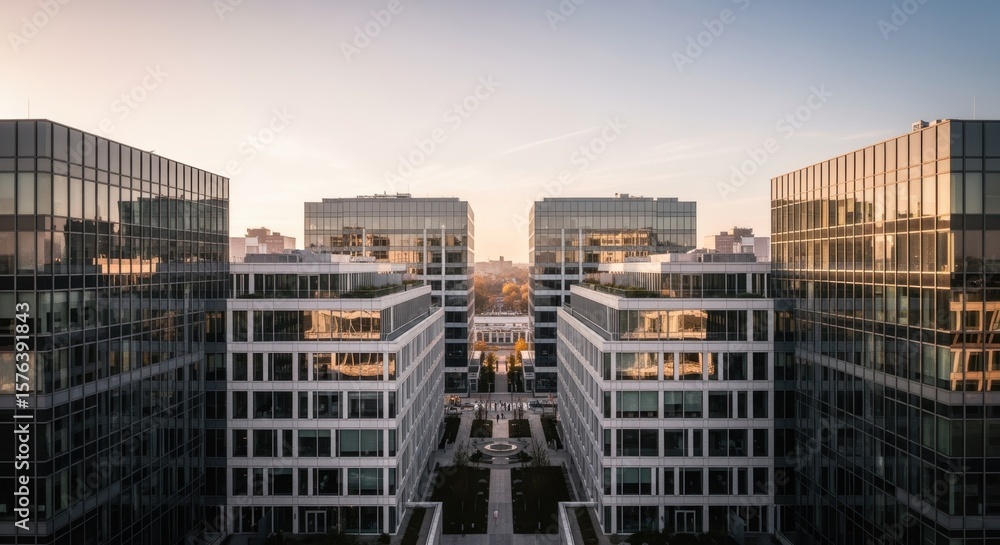 Poster city block with contemporary multibuilding layout emphasizing symmetry and transparent materials.