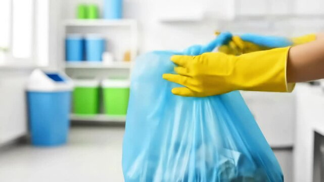 Person in yellow gloves tying a blue garbage bag in a clean kitchen with colorful bins