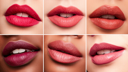 Obraz premium Beauty Collage Featuring Six Sets of Female Lips Wearing Lipstick Ranging from Deep Red to Soft Pink in Flat Lay Editorial Format