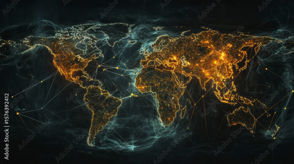 Aufkleber global network connections visualized as a glowing world map on a dark background.