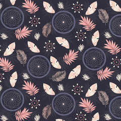 Seamless vector pattern with dreamcatchers, tribal feathers, and abstract elements on a dark background.
