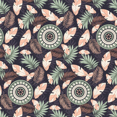 Seamless boho-style vector pattern with tribal feathers, circular mandala-like elements and tropical leaves on a dark background. Ideal for fabric, wallpaper, or wrapping paper.