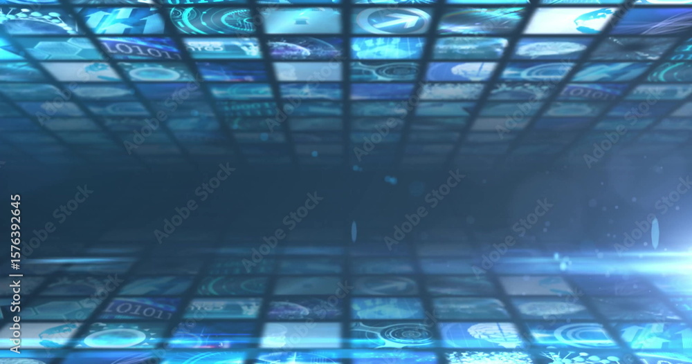 Poster forming receding digital grid extending through virtual tunnel, with glowing screens and data icons