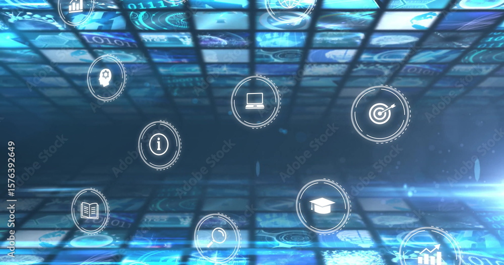 Poster floating icons with laptop, graduation cap and bar chart rotating over grid, with binary visuals