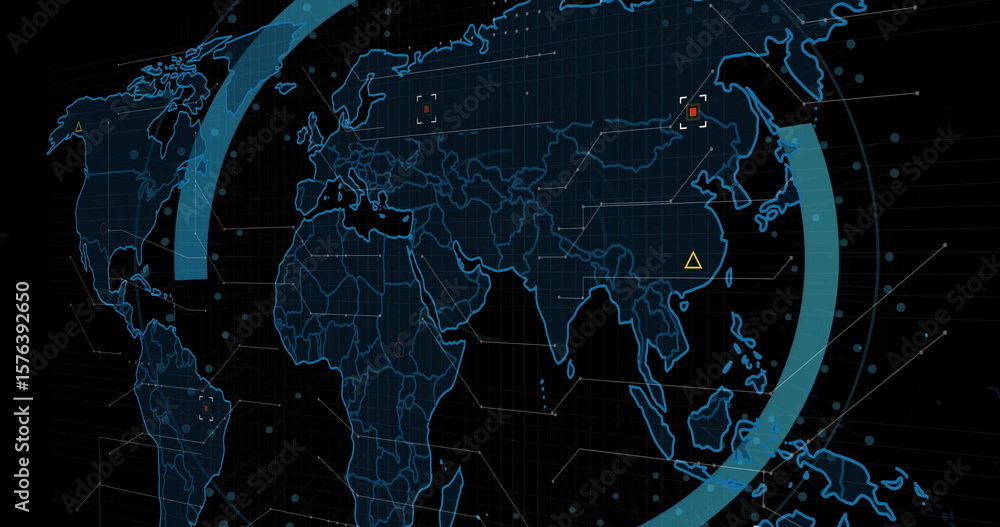 Poster displaying digital world map interface at control screen, with neon-blue outlines and data nodes