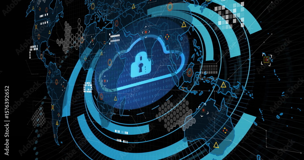 Poster displaying glowing blue cloud padlock icon protecting data on digital dashboard, with hex grid