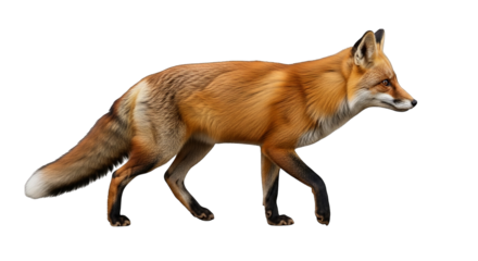 A majestic red fox elegantly strides across a stark black backdrop, showcasing detailed fur texture.