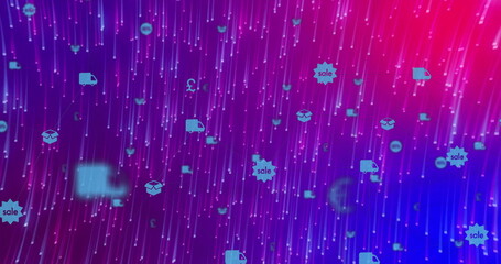 Flowing neon streaks showcasing floating delivery trucks, boxes, currency, sale icons in interface