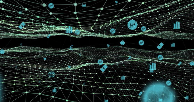 Flowing green node mesh pulsing in virtual data space, with floating currency and chart icons