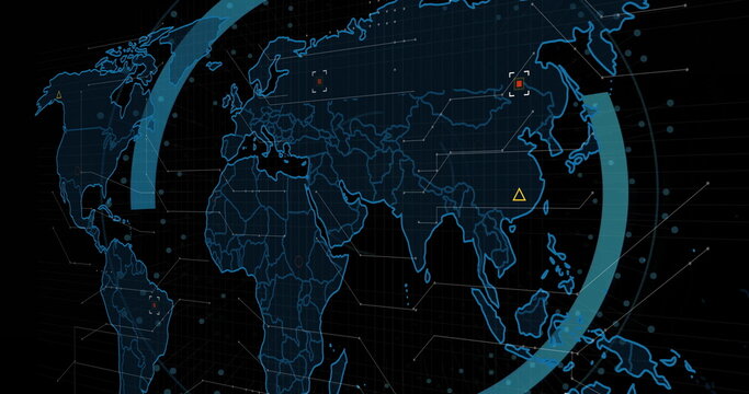 Displaying digital world map interface at control screen, with neon-blue outlines and data nodes - Powered by Adobe