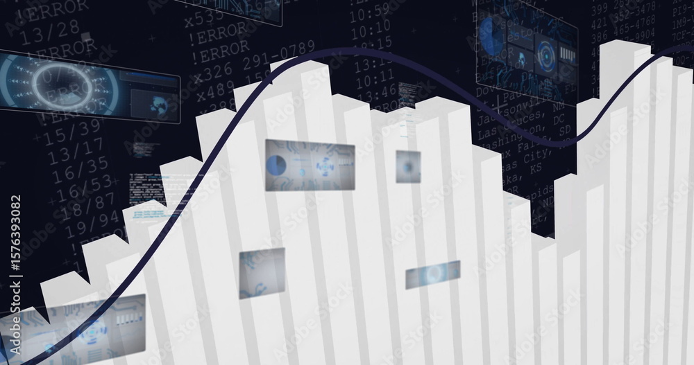 Aufkleber displaying white 3d bar chart rising in virtual dashboard, with blue line, data panels and code