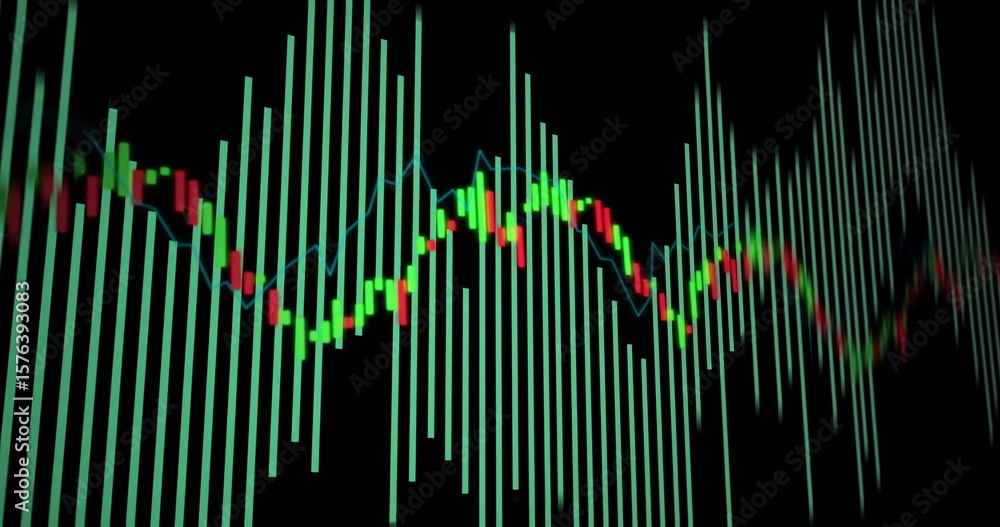 Poster displaying histogram and candlestick chart on dark monitor, with teal bars and blue line graph