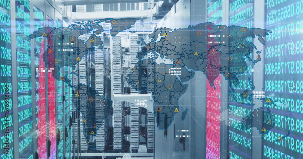 Poster displaying server racks lighting data center corridor, with world map overlay and code panels